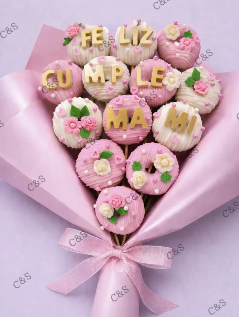 Ramo de 13 mini donas rosadas y blancas con la frase Feliz cumple mami, envuelto en papel rosa con lazo